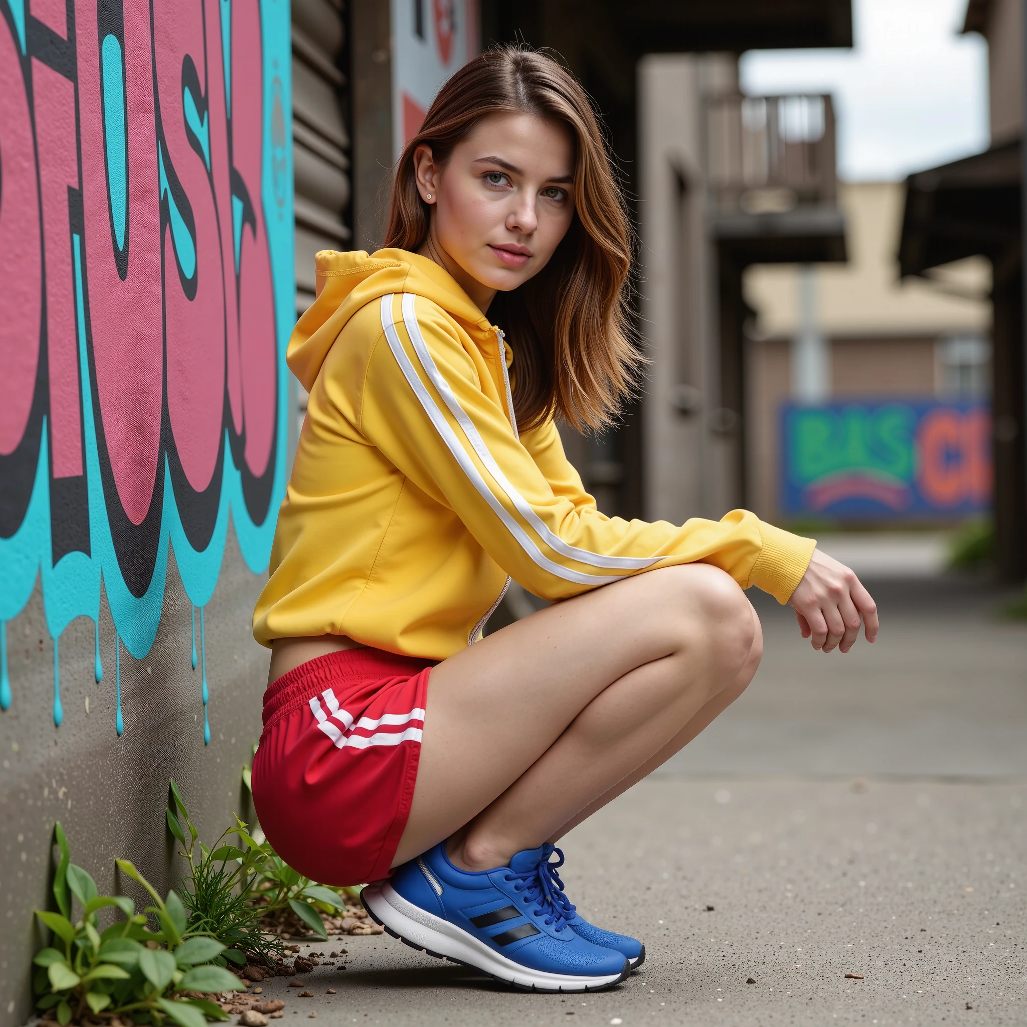 Ultra-realistic photograph of a beautiful woman squatting on the ground, on her back, looking at the camera, yellow sports jacket with parallel vertical white stripes on the sleeve, red nylon dolphin shorts, blue sports shoes, pose that highlights her round buttocks, outdoors in a poor neighborhood, large metropolis, graffitied wall in various colors --ar 4:5 --v 6 --stylize 500 --quality 1