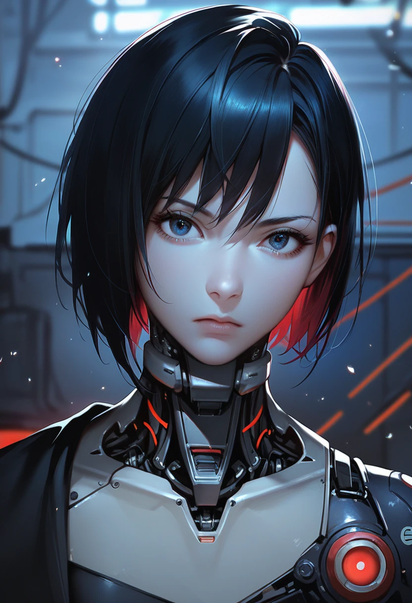 One woman, mature, anime, female anime character, dark eyes, expressionless, black short spiky hair, sharp face,artificial skin, black slim mechanical body frame, small chest, black cloak, elster, cyborg , mechanical jaw, mechanical neck, robotic, detailed anime character art, dark, facing center, close-up portrait, sharp focus, zPDXL3.