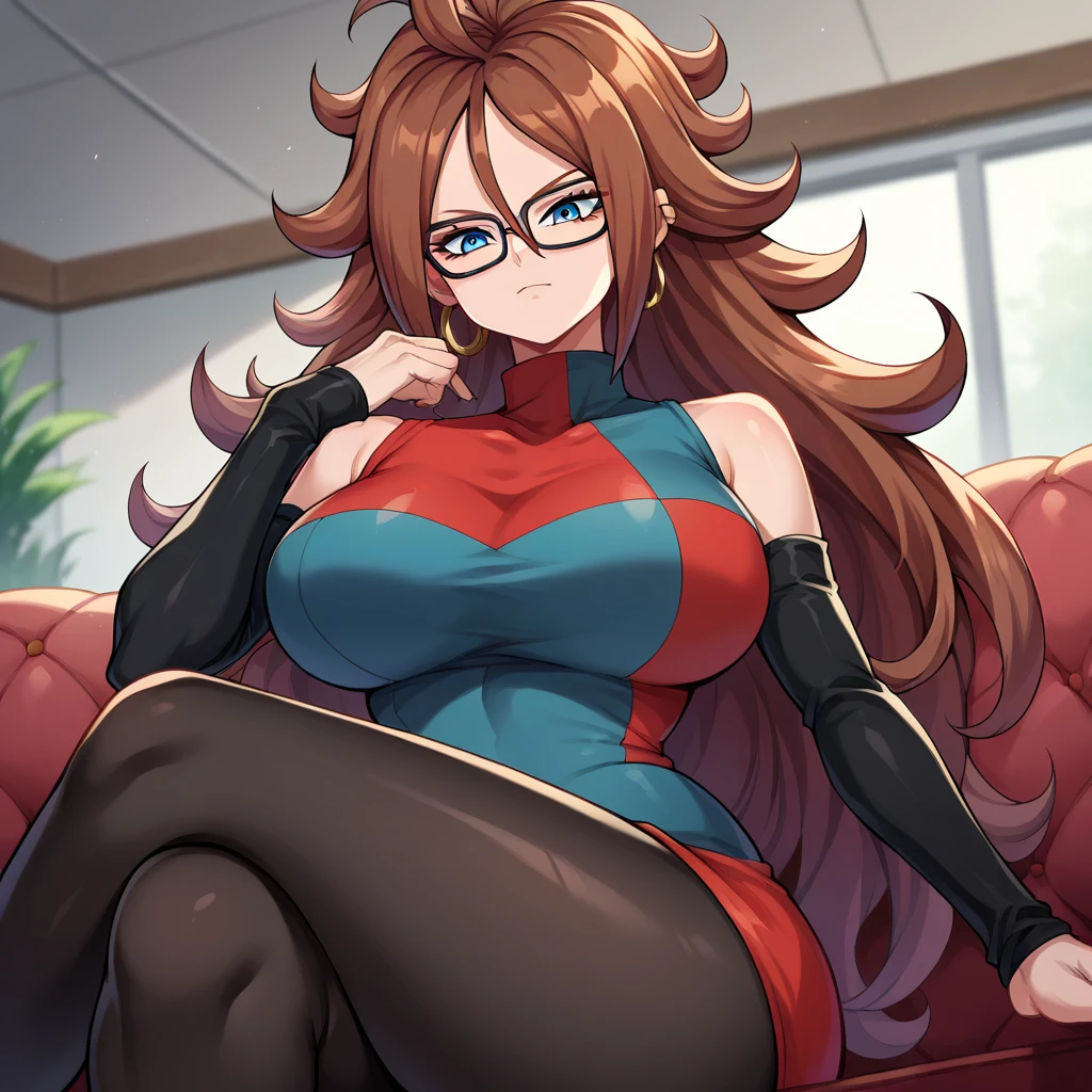 android21, android 21, blue eyes, brown hair, glasses, long hair, very long hair, black-framed eyewear, serious face, little smile, close mouth, black sleeves, checkered clothes, checkered dress, detached sleeves, dress, lab coat, turtleneck, indoors, Black pantyhouse looking at viewer, sexy body, huge breasts, thick legs, wide hips, front view, below view, sitting on sofa, crossed legs, Black pantyhouse, complet body, Black pants