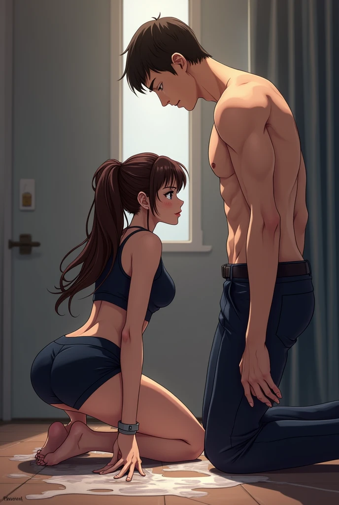 1woman, 1man, duo, man with getting force to mate with asian woman, the man is muscular, the man skin is brown, man ass groping woman from behind, doggy position, woman leans on the man, woman sussy smile, man grab woman waist, shiny skin, aroused, the man is shirtless, man wearing shorts, woman wearing bra, woman wearing panties, this scene is shoot at the gym, side view,