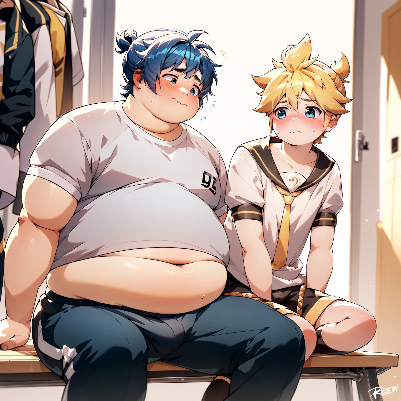  2boys, (yaoi couple), (male ren), (duo focus), sitting on a bench in the changing room, belly bumping each other, facing another, Break, Kagamine Len, obese, cute, burst shirt, chubby body, belly button exposed, fat and obese, face blushed, embarrassed, Break, blue hair color, school uniform, round cheek, chubby belly button exposed, blushed