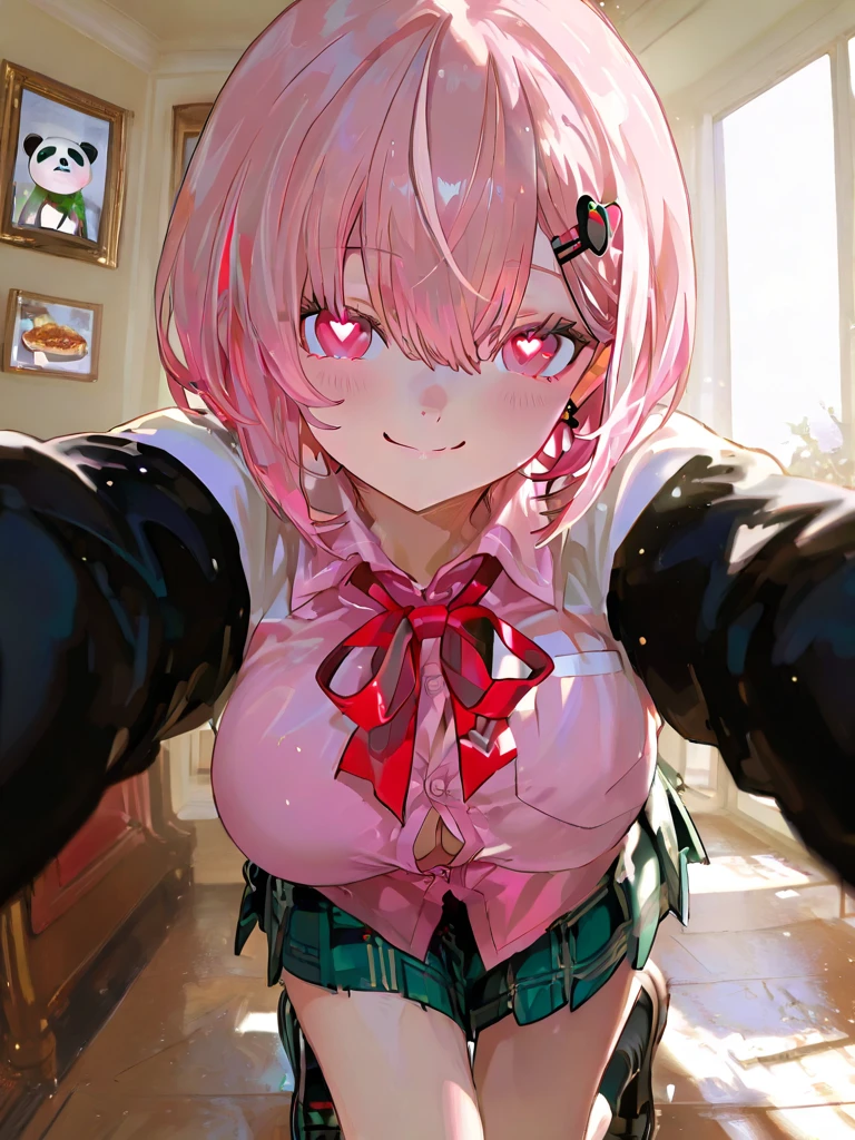            top quality,            top quality,             high quality pictures            ,            masterpiece,                    super high resolution          ,                Detailed Background     ,                Absurd,             perfect anatomical performance       ,         good lighting        ,           Photo Gallery        、、SasakiSaku 、   1 girl、     virtual youtuber    、    pink hair、Multicolored Hair、    short hair 、 、    pink eye、green claws、   
  hair clip、    earrings、   Animal Food    、Panda food   、Food Up、    Two-tone jacket 、    white jacket、 Black sleeves 、    Long Sleeve    、    colored shirt    、    pink shirt、   red ribbon tie  、    plaid skirt   、   It's a green skirt    、Black Sox、Black shoes、 、  smile、   hide   、 spray art background、 medium chest 、 very huge big boobs、 heart eyes 
