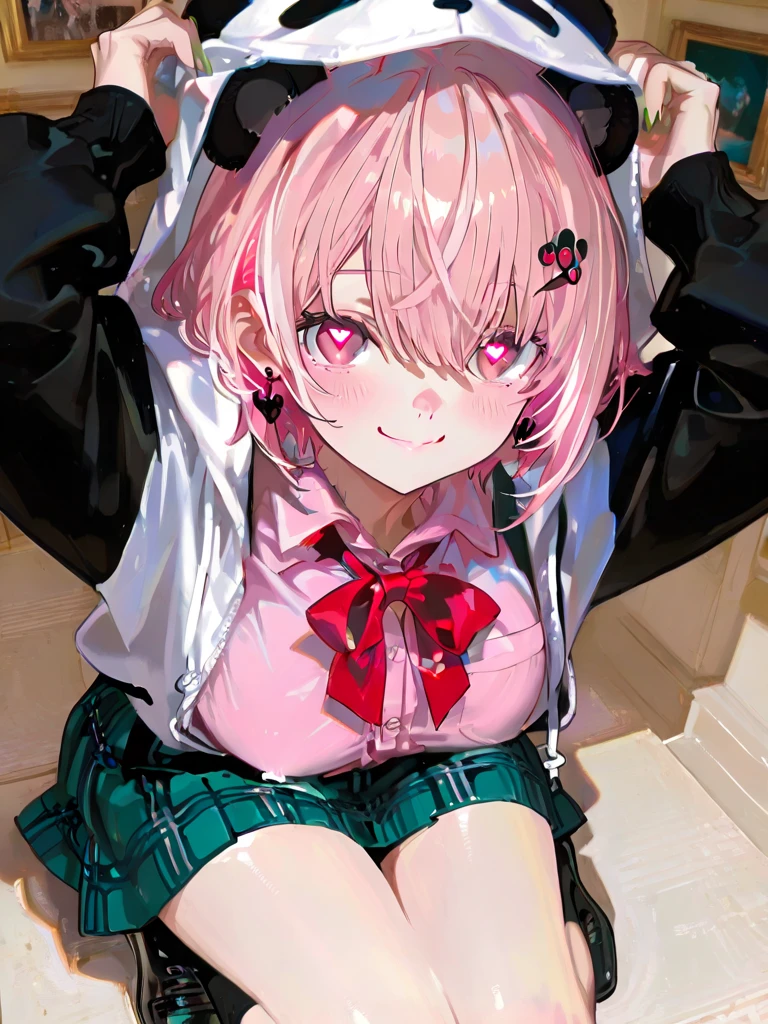            top quality,            top quality,             high quality pictures            ,            masterpiece,                    super high resolution          ,                Detailed Background     ,                Absurd,             perfect anatomical performance       ,         good lighting        ,           Photo Gallery        、、SasakiSaku 、   1 girl、     virtual youtuber    、    pink hair、Multicolored Hair、    short hair 、 、    pink eye、green claws、   
  hair clip、    earrings、   Animal Food    、Panda food   、Food Up、    Two-tone jacket 、    white jacket、 Black sleeves 、    Long Sleeve    、    colored shirt    、    pink shirt、   red ribbon tie  、    plaid skirt   、   It's a green skirt    、Black Sox、Black shoes、 、  smile、   hide   、 spray art background、 medium chest 、 very huge big boobs、 heart eyes 
