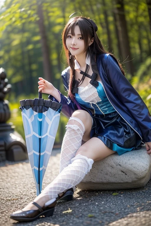  Cosplayer in purple and blue costume is sitting on a stone, anime girl cosplay, Japanese model cosplay  , Gorgeous cosplay, looking at camera、 Detailed Beautiful Eyes 、 cute smile、 a soft and gentle expression 、The background is a deep forest