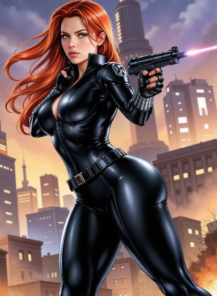 (  masterpiece ,  realistic , perfect,  photograph ,  high resolution and definition  ), marvel: Black Widow, In a sensual and erotic pose,  tight suit, nice image detail ,  Beautiful legs ,  detailed face, light eyes,  beautiful butt ,  slender and detailed body ,  big breasts. RED HAIR,  long loose hair .  Great detail of the background and environment . In a random location, exciting