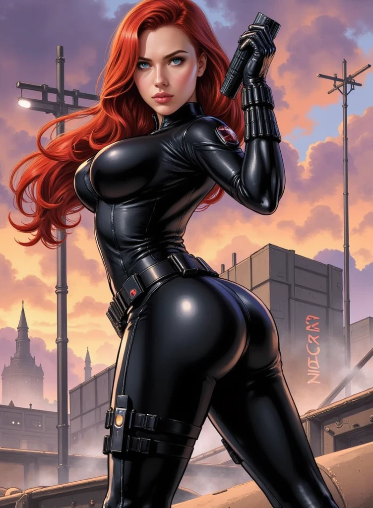 (  masterpiece ,  realistic , perfect,  photograph ,  high resolution and definition  ), marvel: Black Widow, In a sensual and erotic pose,  tight suit, nice image detail ,  Beautiful legs ,  detailed face, light eyes,  beautiful butt ,  slender and detailed body ,  big breasts. RED HAIR,  long loose hair .  Great detail of the background and environment . In a random location, exciting