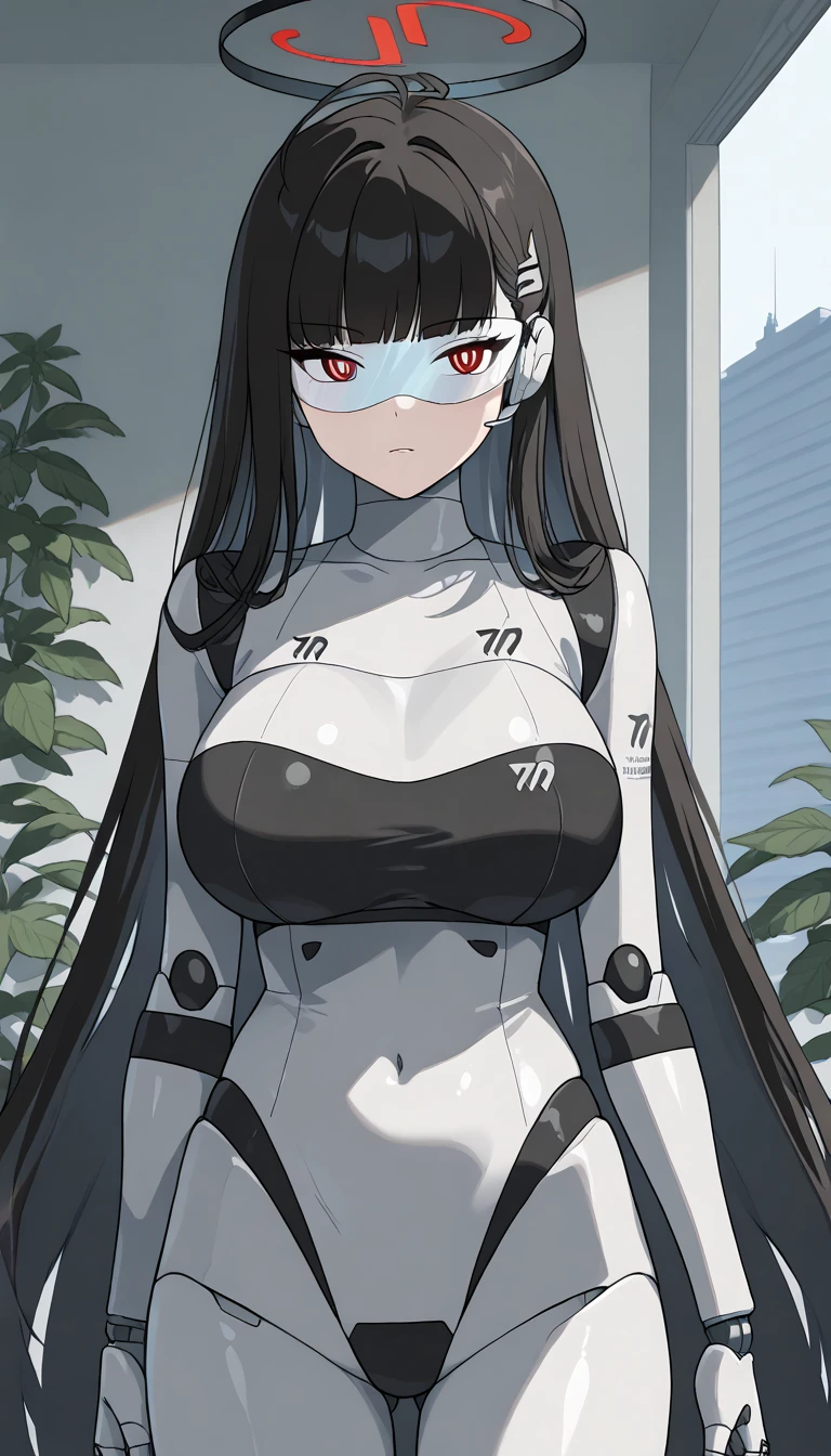 masterpiece, best quality, extremely detailed, (8K, 4K, Best Quality, hight resolution, 超A high resolution:1.1), ,8k portrait, Japaese android Girl,Plump , dark black leg cover,announcer,control panels,android,Droid,Mechanical Hand, Robot arms and legs, Black Robot Parts,Black long hair,Mechanical body,Blunt bangs,perfect mechanical abdomen,White robotics parts,perfect robot woman,future laboratory,cyber pank,charging spot,laboratory,long tube,thick cable connected her neck,white ceramic body ,perfect mechanical body, white robot body,lod antenna,mechanical ear cover,android,robot humanoid,black sponge joints,The removable cover is in the groin,The connection port is in the groin,opened chest panel,access panel on the chest,opened breast panel,perfect mechanical breast,perfect black machine body,perfect black android body,She has repaired,assembly plant,no human skin,visor,mistyrobot,rio(blue archive),dress