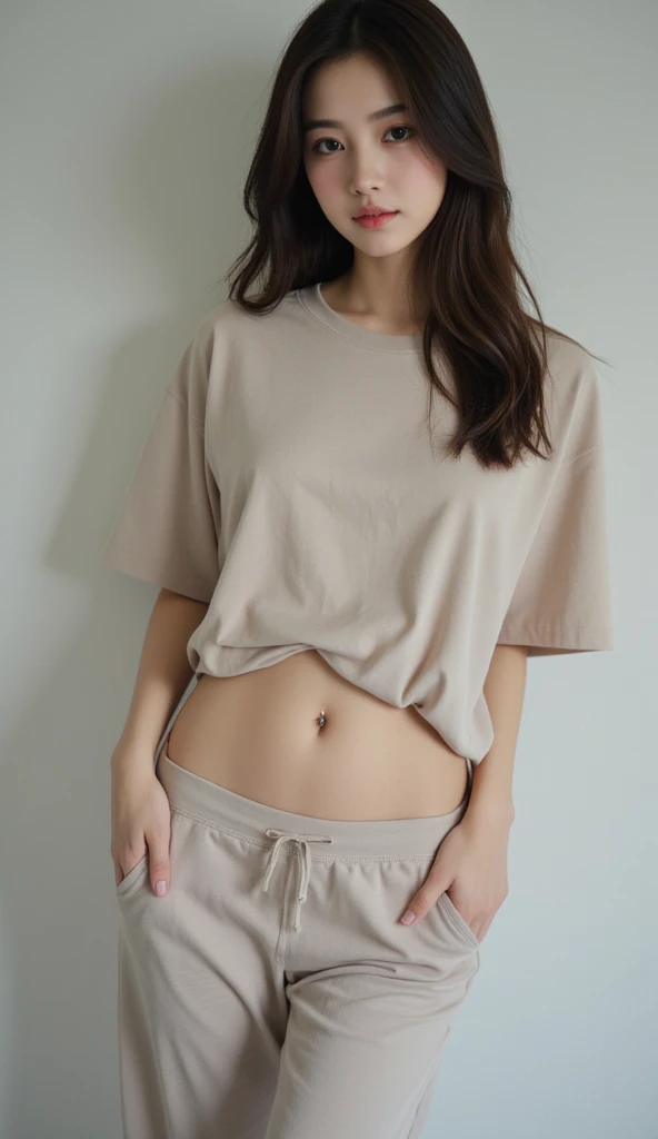 a shot of a beautiful sexy 28 year old asian woman, Dark brown hair, straight hair, clear skin, made up, Brown eyes, big tits, with casual blouse and casual skirt, at home, natural lighting and shadows, hyperrealistic, detailed.