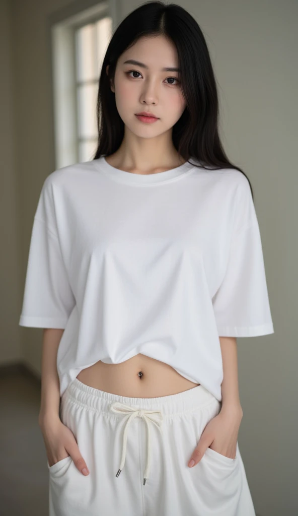 Fashion model 20 years old [[[[Close-up cleavage]]]], [[[[climaxing]]]], [[[[rapeseed]]]], [[[[shoulder]]]], perfect  eyes, Perfect iris，perfect lips，perfect teeth，Perfect Skin，soft front lighting，glowing light，HighDynamicRange，Pure white costume，tee shirt，Cropped pantully body photo，4K Ultra HD, 超高分辨率, (realistically: 1.4), Best quality，tmasterpiece，Ultra-diluted，（pastel colour：1.2）