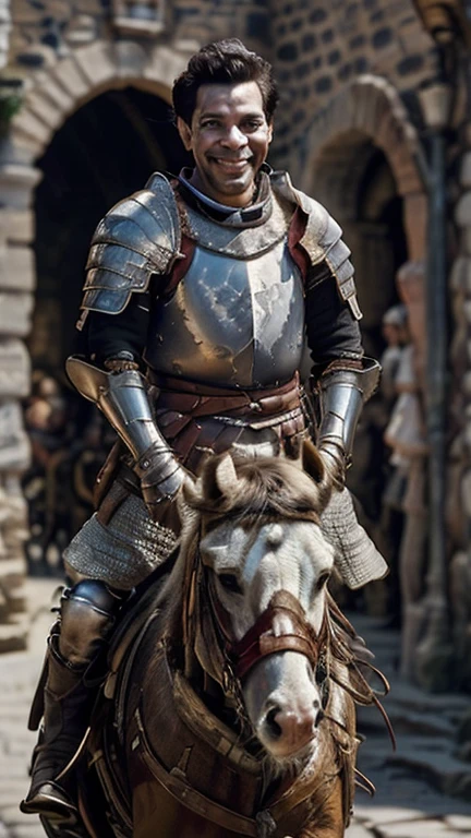 ( better quality:1.3), ,  masterpiece, (  sharp focus:1.5), (natural:1.3),  full body portrait,  cantinflas riding a horse (Cantinflas with long hair , smile,  proud and fierce , using medieval armour , without helmet.  Gives the scene a luminous atmosphere), day, ( highly refined armor ),  volumetric lighting ,   intricate details ,  Ultra High Definition Briefs , 