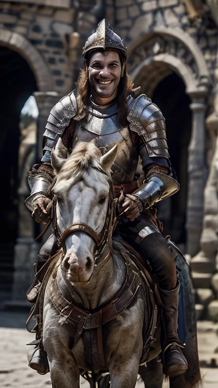 ( better quality:1.3), ,  masterpiece, (  sharp focus:1.5), (natural:1.3),  full body portrait,  cantinflas riding a horse (Cantinflas with long hair , smile,  proud and fierce , using medieval armour , without helmet.  Gives the scene a luminous atmosphere), day, ( highly refined armor ),  volumetric lighting ,   intricate details ,  Ultra High Definition Briefs , 