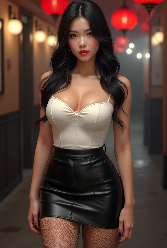 1girl, breasts, nipples, thighhighs, solo, hat, large breasts, nurse cap, jewelry, female pubic hair, pubic hair, nurse, navel, white legwear, necklace, brown eyes, hand on hip, smile, black hair, dark-skinned female, long hair, pussy, nude, dark skin, lips, (best quality,4k,8k,highres,masterpiece:1.2),ultra-detailed,(realistic,photorealistic,photo-realistic:1.37),HDR,UHD,studio lighting,ultra-fine painting,sharp focus,physically-based rendering,extreme detail description,professional,vivid colors,bokeh