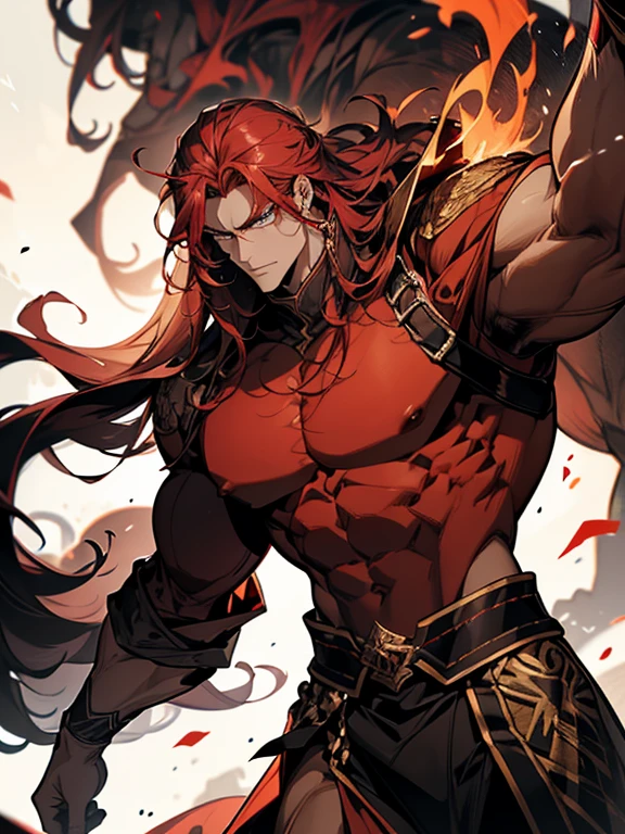 A man with very very very very vivid crimson red long hair. Pale skin. Skinny NOT MUSCULAR. He is evil. He has tribal tattoos. No muscles, regular dude he has a beard
