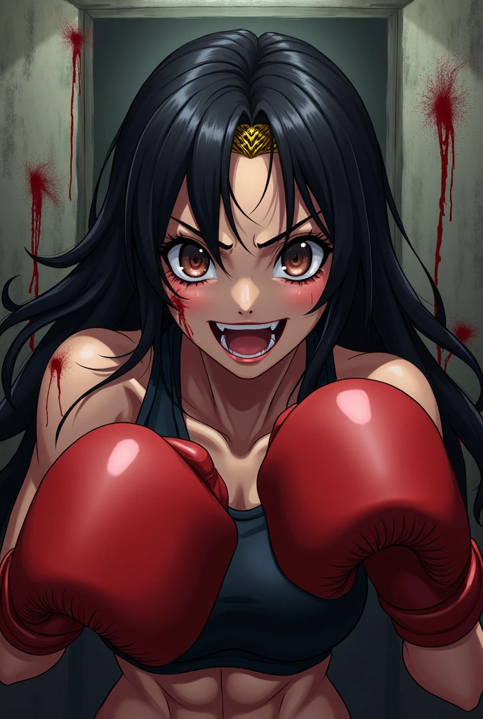 A fierce exchange of dynamic punches and kicks. they are beating each other so hard. bloody beautiful Japanese female battle slaves are fighting. survival battle. whole body picture. they are covered in scars and bruises. they are damaged terribry. Short-cut black hair, out of breath, drooling from mouth, one eye is closed, exhausted, drenched in sweat.