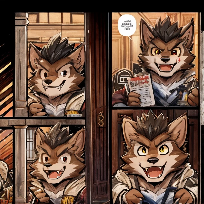 (masterpiece, high res, top quality )、 (One々A comic where a cute werewolf makes you happy with 4 scenes)