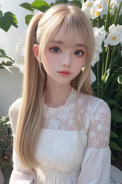raw photo, 8k, (top-quality), Realistic, (real picture, Intricate details), (natural skin texture, detailed skin, hyper realism, sharpness), (Japanese teenage girl dancing in a natural flower garden at night, white flowers:1.3, dancing), ((white dress, see-through dress, white flower hair ornament, look far away)), (pale skin:1.2), slender body, ((light blond hair:1.3, bun hairstyle, blunt bangs)), (neat face, Parted lips:1.3, eye shadow, eyeline, tear bag:1.2, red lip, undereye circle), night time, starry skies, full body shot