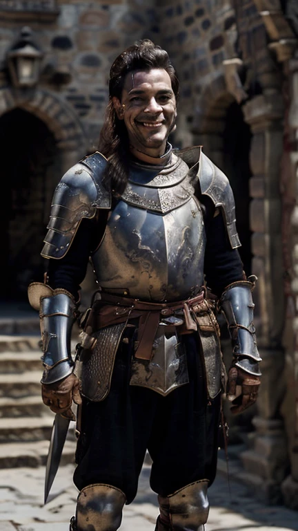 ( better quality:1.3), ,  masterpiece, (  sharp focus:1.5), (natural:1.3),  full body portrait, Cantinflas guarding the entrance of a castle (Cantinflas with long hair , smile,  proud and fierce , using medieval armour , without helmet.  Gives the scene a luminous atmosphere), day, ( highly refined armor ),  volumetric lighting ,   intricate details ,  Ultra High Definition Briefs , 