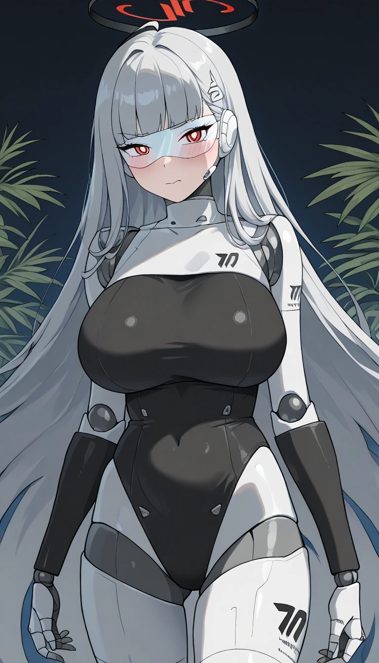 masterpiece, best quality, extremely detailed, (8K, 4K, Best Quality, hight resolution, 超A high resolution:1.1), ,8k portrait, Japaese android Girl,Plump , dark black leg cover,announcer,control panels,android,Droid,Mechanical Hand, Robot arms and legs, Black Robot Parts,Black long hair,Mechanical body,Blunt bangs,perfect mechanical abdomen,White robotics parts,perfect robot woman,future laboratory,cyber pank,charging spot,laboratory,long tube,thick cable connected her neck,white ceramic body ,perfect mechanical body, white robot body,lod antenna,mechanical ear cover,android,robot humanoid,black sponge joints,The removable cover is in the groin,The connection port is in the groin,opened chest panel,access panel on the chest,opened breast panel,perfect mechanical breast,perfect black machine body,perfect black android body,She has repaired,assembly plant,no human skin,visor,mistyrobot,rio(blue archive),dress,embarrassed,blush