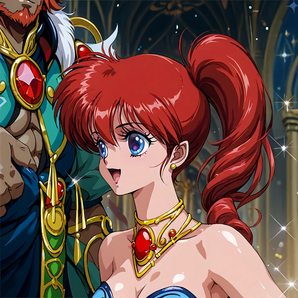 (( top quality )), ((masterpiece)), ( Details), （ perfect face）、 Asagiri Yoko with red hair is the mistress of a member of Ganondorf's harem and is dressed brilliantly with jewelry accessories, wearing a gorgeous and glittering see-through red dancer from the Gerd tribe、Asagiri Yoko is happily hugged and snuggled up to her beloved Ganondorf, and is loved by Ganondorf and has a happy lover life 