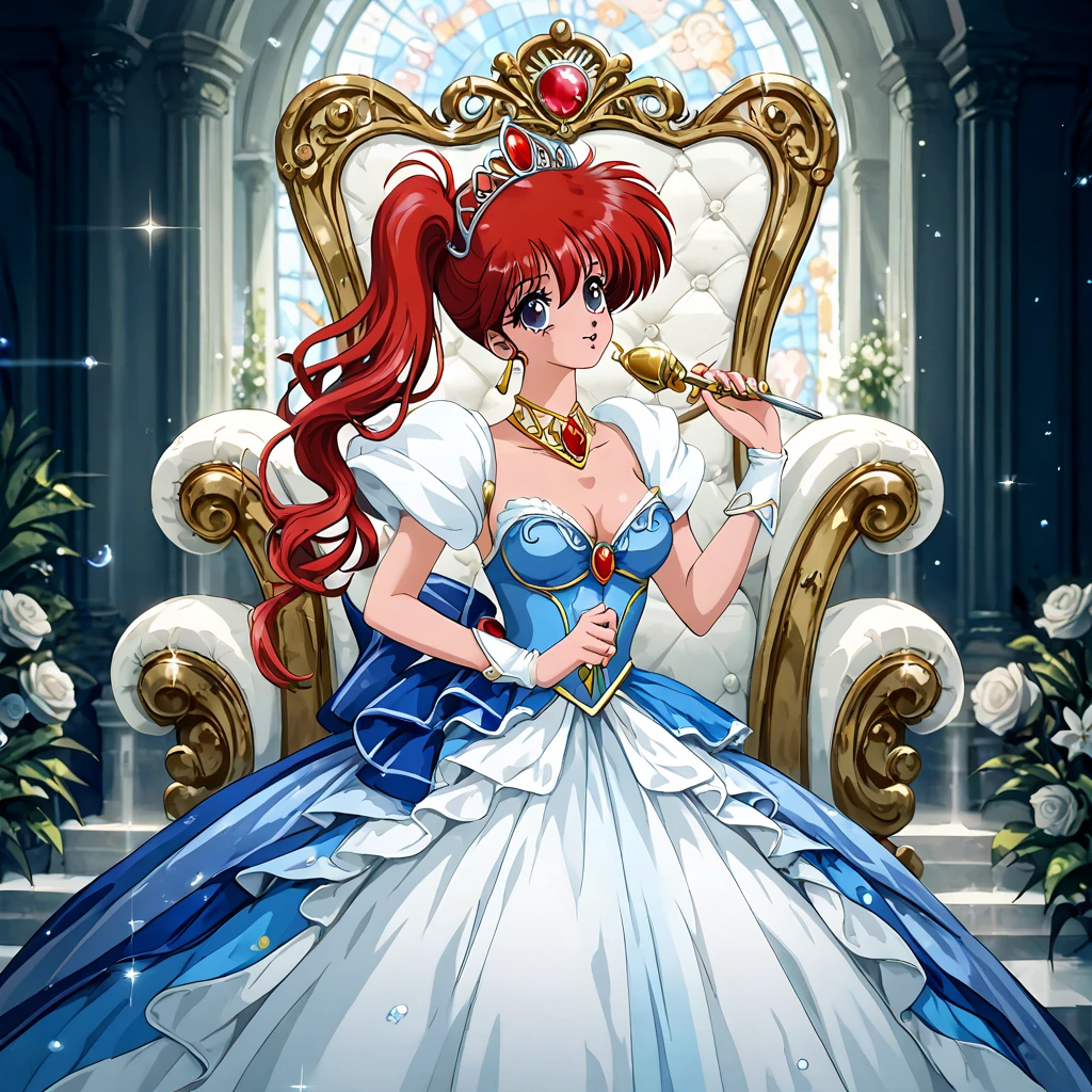 (( top quality )), ((masterpiece)), ( Details), （ perfect face）、 Asagiri Yoko with red hair wears a pure white vintage Victorian dress of a gorgeous, glittering, and elegant queen and is dressed brilliantly with jewelry accessories、Asagiri Yoko is hugged and snuggled up and loved by Ganondorf on a gorgeous, large throne 