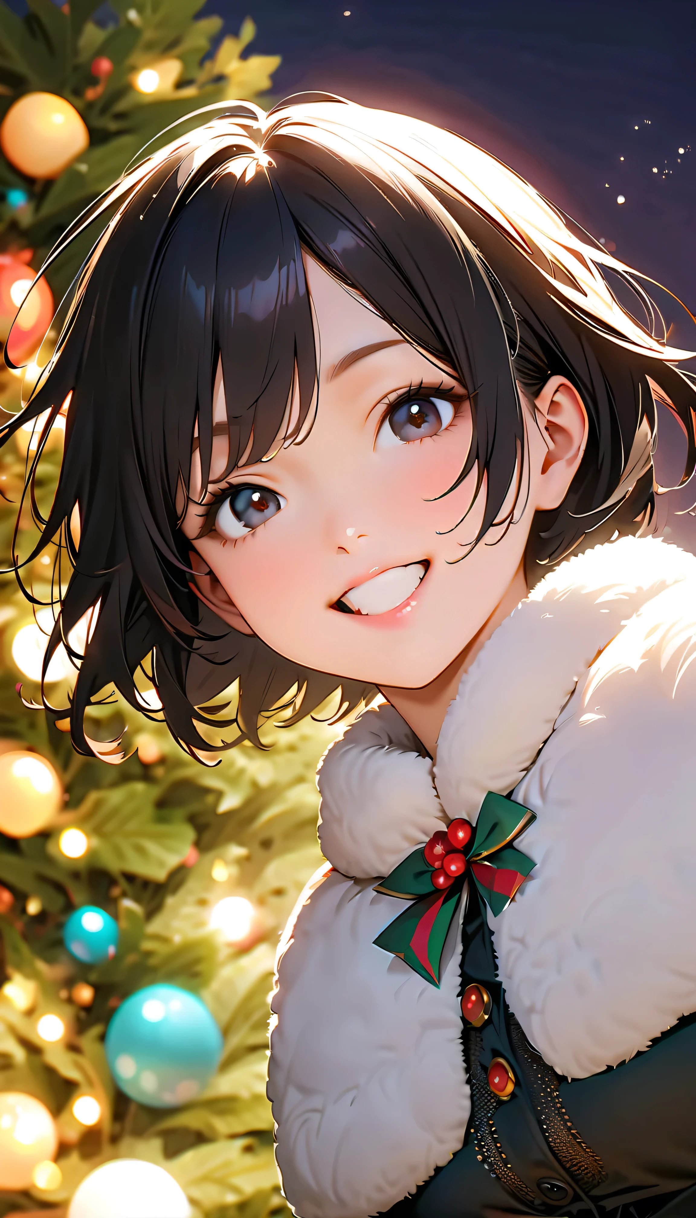 ( top quality:1.2, very detailed bust, Latest, vibrant, Masterpiece :1.2, top quality, best aesthetics) , Face Up Shot, ((( very detailed bust目と顔))), Official Art , 8k Ultra HD, very detailed bust, pop art , Delicate and dynamic, Blurred Background, Beautiful sparkle, Shining World, night view, christmas tree, Christmas Lights, Illumination Fantasy, backlight, one woman, 2.5D, smile, black eyes, black hair, Fluffy Winter Clothes , Get excited, Dynamic Pose , dynamic angle , Realistic