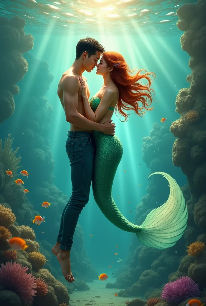 I want to write a story titled Aquarius. It's going to be about a human girl who finds out she's from the ocean after she tried to commit suicide by drown in the ocean but ends up being rescued by the prince of Aquarius. The two are mermaids. Can you generate a high quality of picture like that for me where the two are underwater. The photo should be captivating. The image should be realistic 