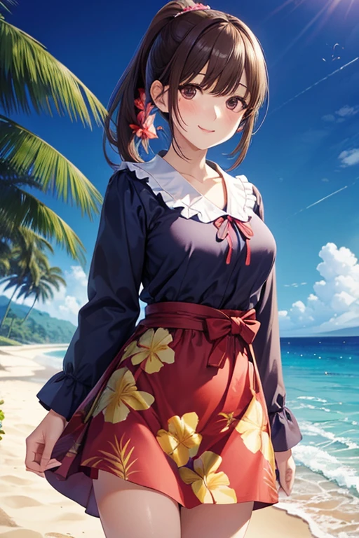 1girl, solo, summer, village, trees, sun, clouds, ((colorful hair)), ponytail, large breasts, button down, green eyes, ((floral pattern shirt)), ((unbuttoned shirt)), ((short sleeved shirt)), flowers on shirt, skirt, brown shoes, grin, looking at the viewer, standing, hair ribbon