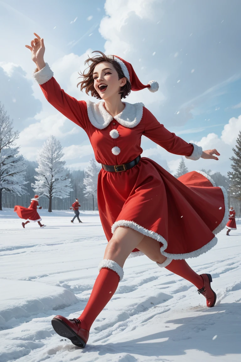 The hair dancing in the 、 A short bob girl wearing a red Santa Claus-style dress is running lightly。 wind against a white snowy field creates a sense of dynamism 。