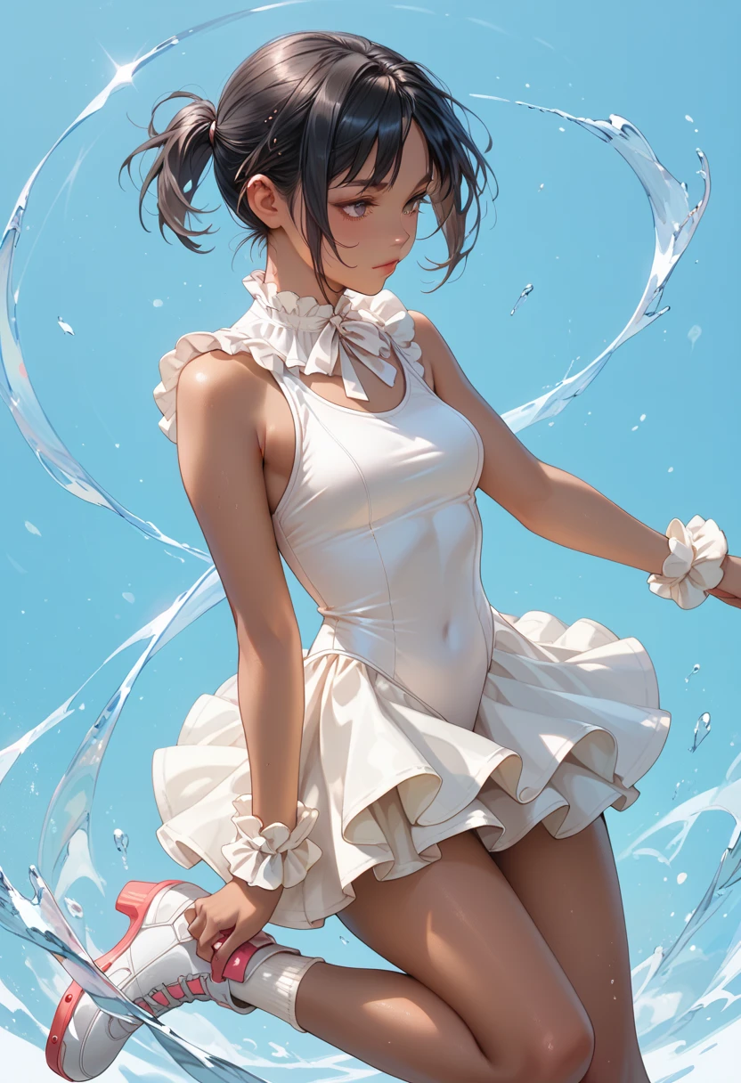  short boyish ,  black hair, short ponytail, parted bangs,  tan,white leotard, short white ruffle skirt,  skating rink