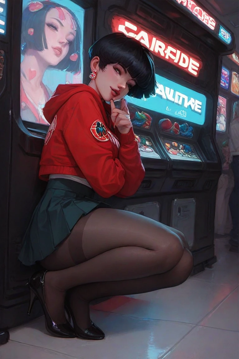 girl, 19 years old, short black hair, white skin, wearing a red marvel sweatshirt and a short black high-waisted pleated skirt with black semi-transparent tights and black round-toe high heels, she is playing a retro arcade video game, the scene is inside an arcade with neon lights