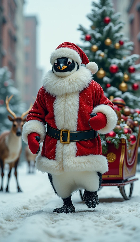 A muscular penguins, dressed as Santa Claus ,  with red gloves and black boots ,  carrying a sleigh full of toys. Christmas tree is walking down the street. There are many Christmas trees, snowman and reindeer following.