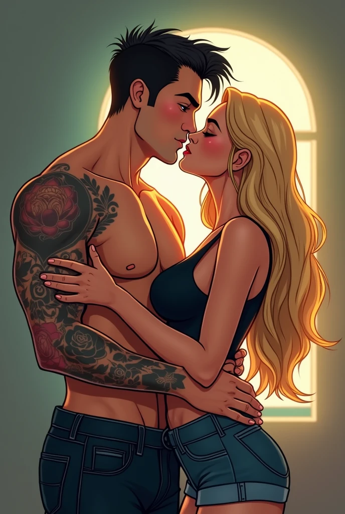 create image in disney pixar cartoon style of a horny couple naked in a bed making love she in the position of four, she blonde green eyes big ass big tits and body with hot curves, he has dark hair, green eyes, messy black hair, and a tattoo on his arm