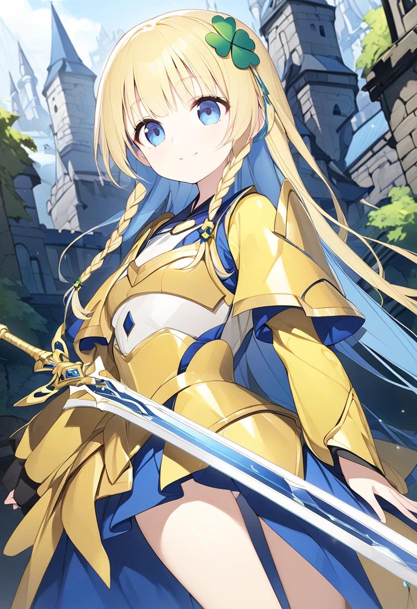  Masterpiece、 very young girl 、 Extremely small bust 、 slender body、Thin legs、 cobalt blue eyes 、Bright yellow long hair、 braid long hair、 Clover's One Hair Ornament、Yellow Armor 、Silver Sword、 sword、castle town、smile