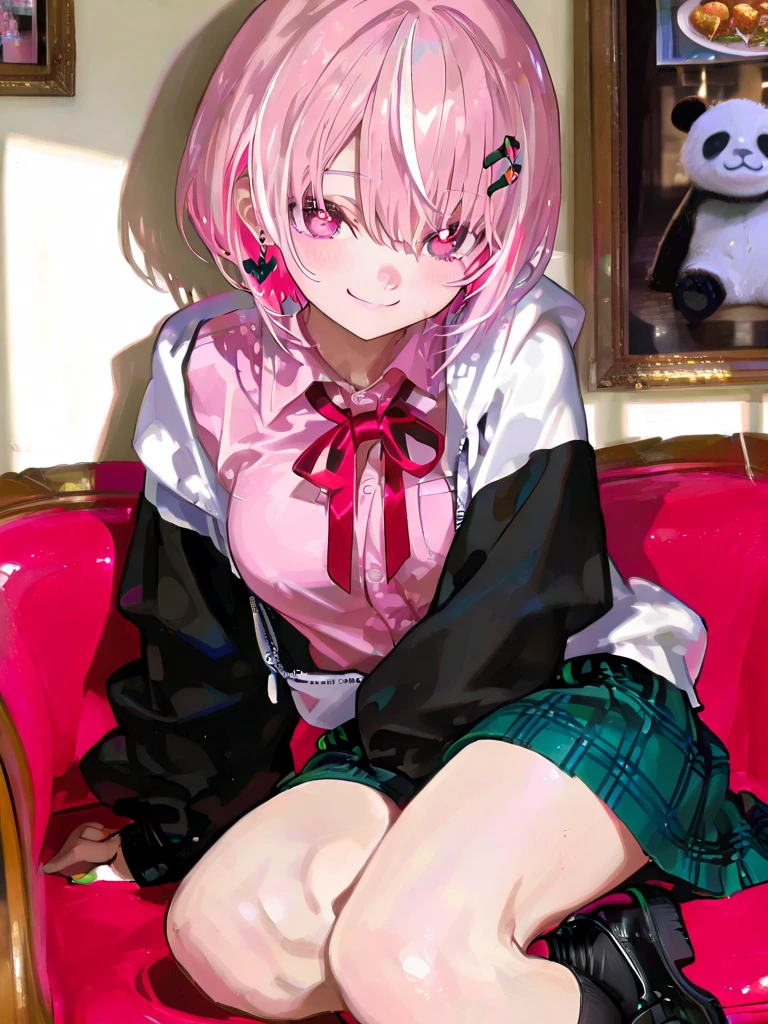            top quality,            top quality,             High-quality images            ,            masterpiece,                     super high res          ,                 detailed background     ,                 absurd,              perfect anatomical performance       ,          good lighting         ,            PHOTO GALLERY         、、SasakiSaku 、    1 girl、       Virtual YouTuber     、     pink hair、 multi-colored hair 、     Shorthair 、 、    pink eye、green claws、   
   hair clip、     earrings for women with first name、    Animal Food     、Panda food    、Food Up、    2 tone jacket  、     white jacket、  black sleeve  、     Long Sleeve     、     colored shirt     、     pink shirt with knee 、    red ribbon tie   、     plaid skirt    、    green skirt     、 Black Socks 、Black shoes、 、  smile、   hide   、 spray art background、  medium breasts 、 Very large 、 Heart Eye 
