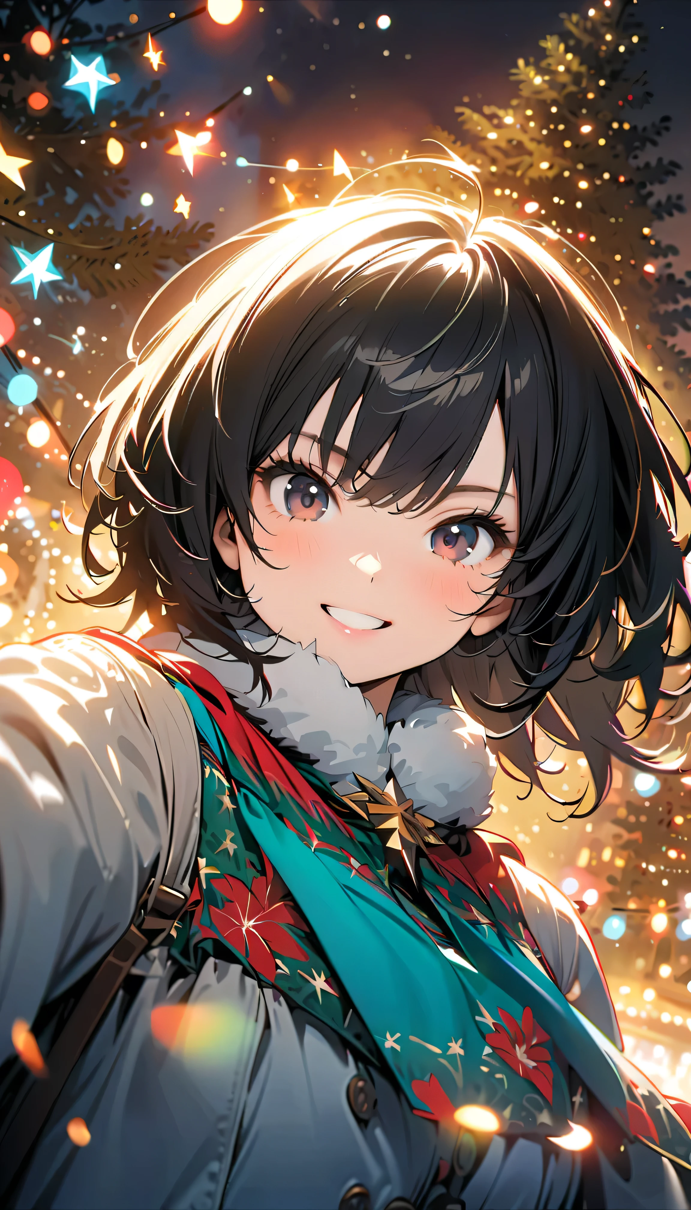 ( top quality:1.2,  very detailed bust, Latest,  vibrant,  Masterpiece :1.2,  top quality,  best aesthetics) , Face Up Shot, ((( very detailed bust目と顔))),  Official Art ,  8k Ultra HD,  very detailed bust,  pop art , Delicate and dynamic,  Blurred Background, Beautiful sparkle, Shining World,  night view,  christmas tree,  Christmas Lights,  Illumination Fantasy,  backlight,  one woman, 2.5D, smile,  black eyes,  black hair, Fluffy Winter Clothes , Get excited,  Dynamic Pose ,  dynamic angle, Realistic