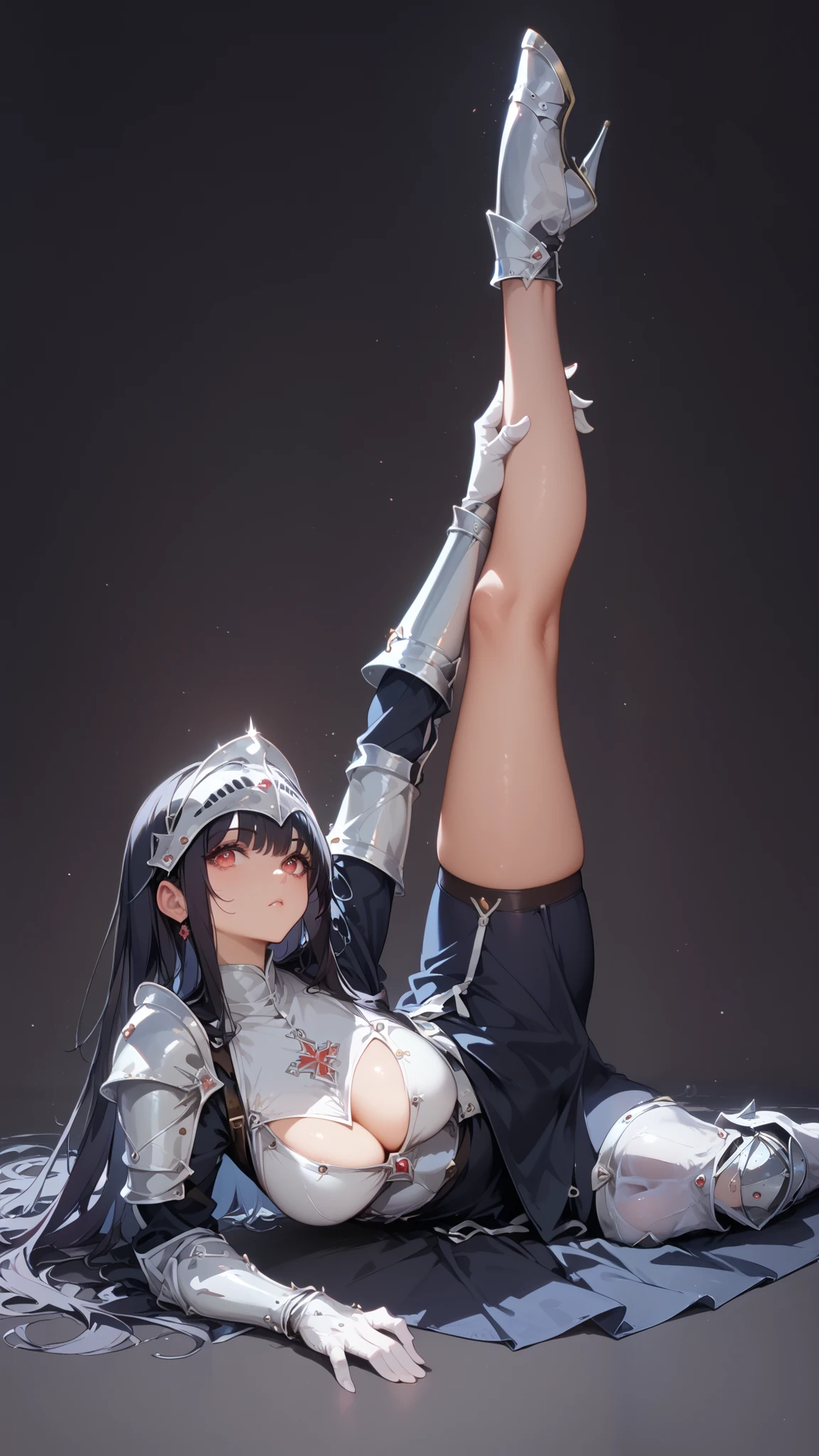 Anime girl, sexy figure, nice body curves, large breasts, wearing a knight armour, long black hairs, red eyes, showing off her figure, giving sexy poses, lying down, stretching legs exercise, side view, simple dark background.