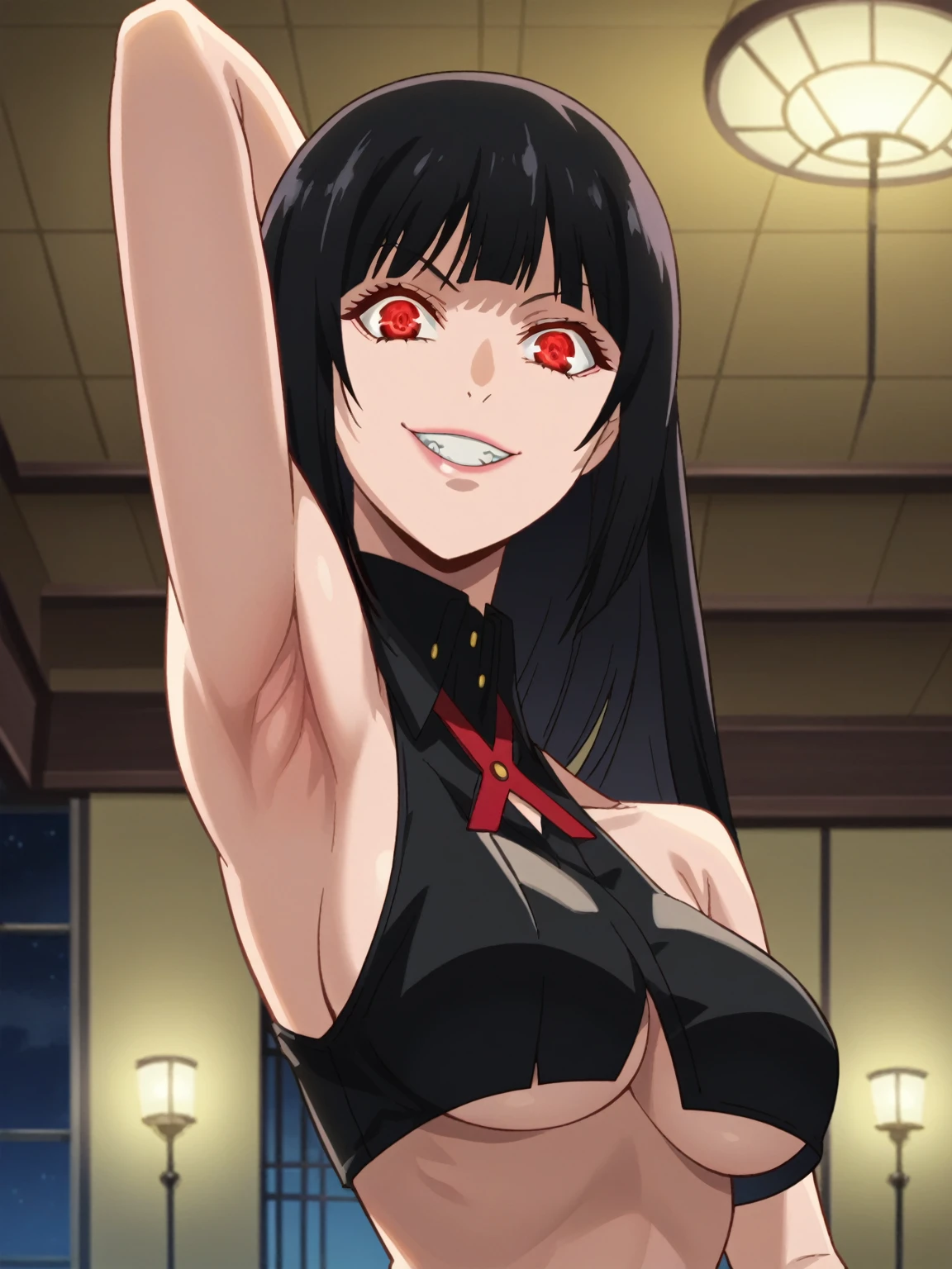 score_9, score_8_up, score_7_up, source_anime, anime screencap, 1girl, solo, jabami yumeko, long hair, black hair, alisa god eater outfit, large breasts, red eyes, midriff, underboobs, bangs, arm behind head, armpit, looking at viewer, head towards viewer, smile, grin, badhandv4, indoors, night, bare shoulders, bare arms, from side, from below 