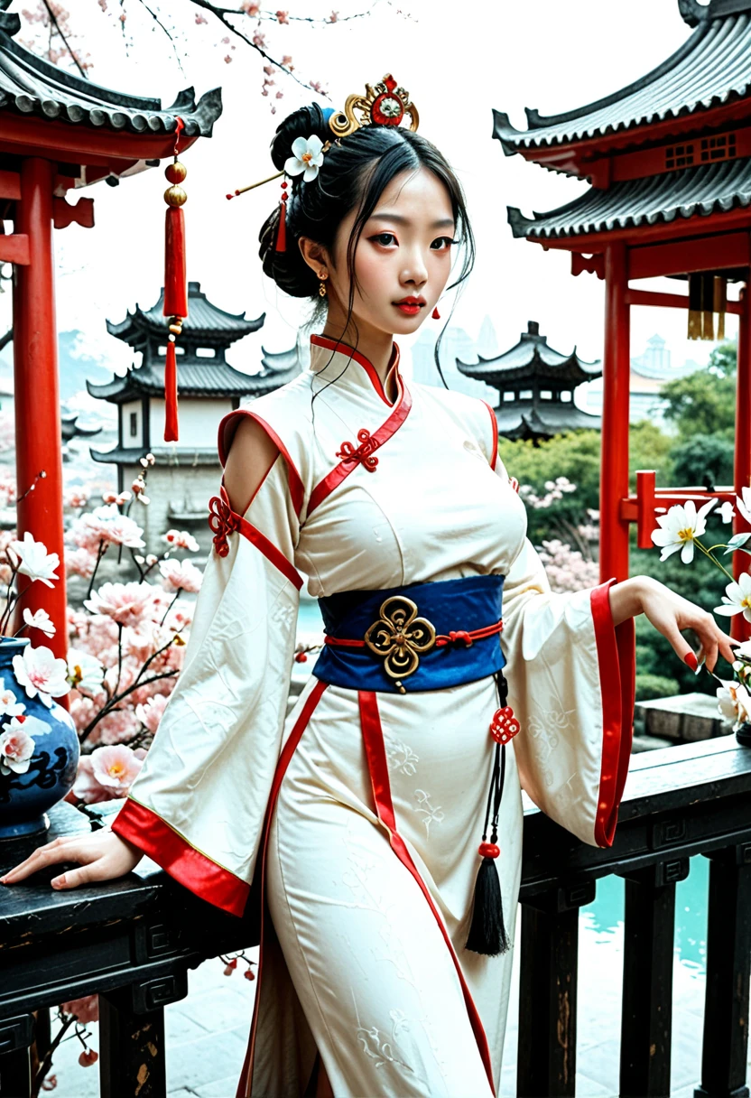 A woman in a blue and white dress with flowers in her hair, hanfu, palace, girl in hanfu, blue hanfu, white hanfu, wearing ancient Chinese costume, ((beautiful fantasy queen)), ancient Chinese princess, Chinese style, traditional Chinese clothing, ancient Chinese clothing, beautiful fantasy queen, Chinese princess, traditional beauty,