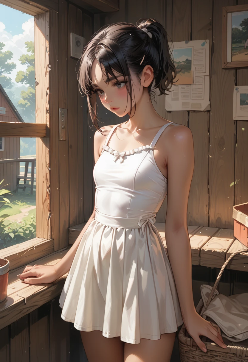  short boyish ,  black hair, short ponytail, parted bangs,  tan,white leotard, short white ruffle skirt, clubhouse