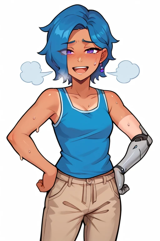 Anime, score_9, score_8_up, score_7_up,BREAK, 1girl, Tari, Blue tanktop, tan pants, Mechanical Arm, blue Hair, Purple Eyes, smile, hands on hips, out of breath, sweaty, open mouth, tired exporession,