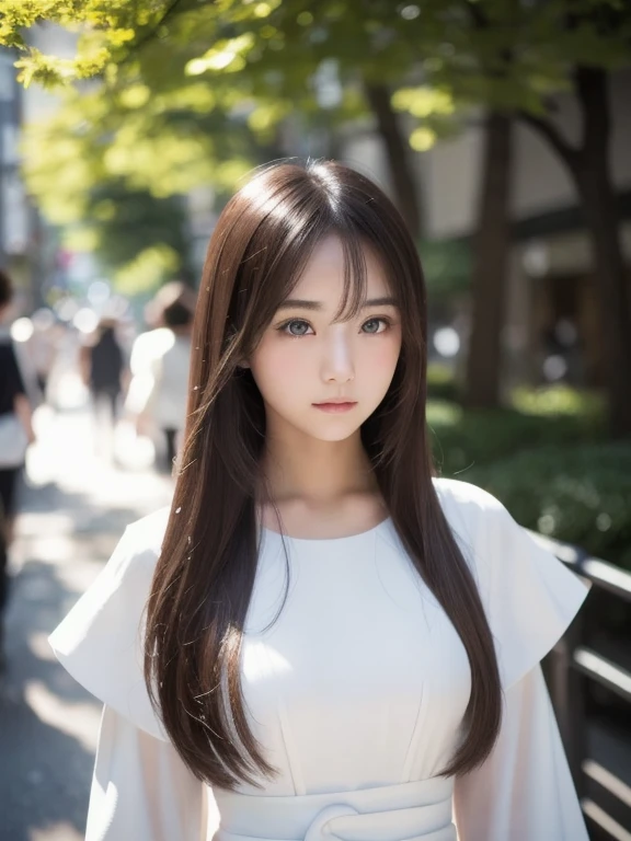 masterpiece, top-quality, 8K, absurderes, (The upper part of the body:1.4), whiteshirt, beautiful a girl, Clean face, looking at the viewers, A smile, A hyper-realistic, hight resolution, Pictures, foco nítido, nffsw, face lights, Dynamic lighting, Movie Lighting, Professional Shadows, beautiful cityscape background, highestdetailed, ighly detailed, ultra-detailliert, finely detail, authentic skin, Delicate facial features, Detailed face and eyes, Sharp pupils、Realistic pupils