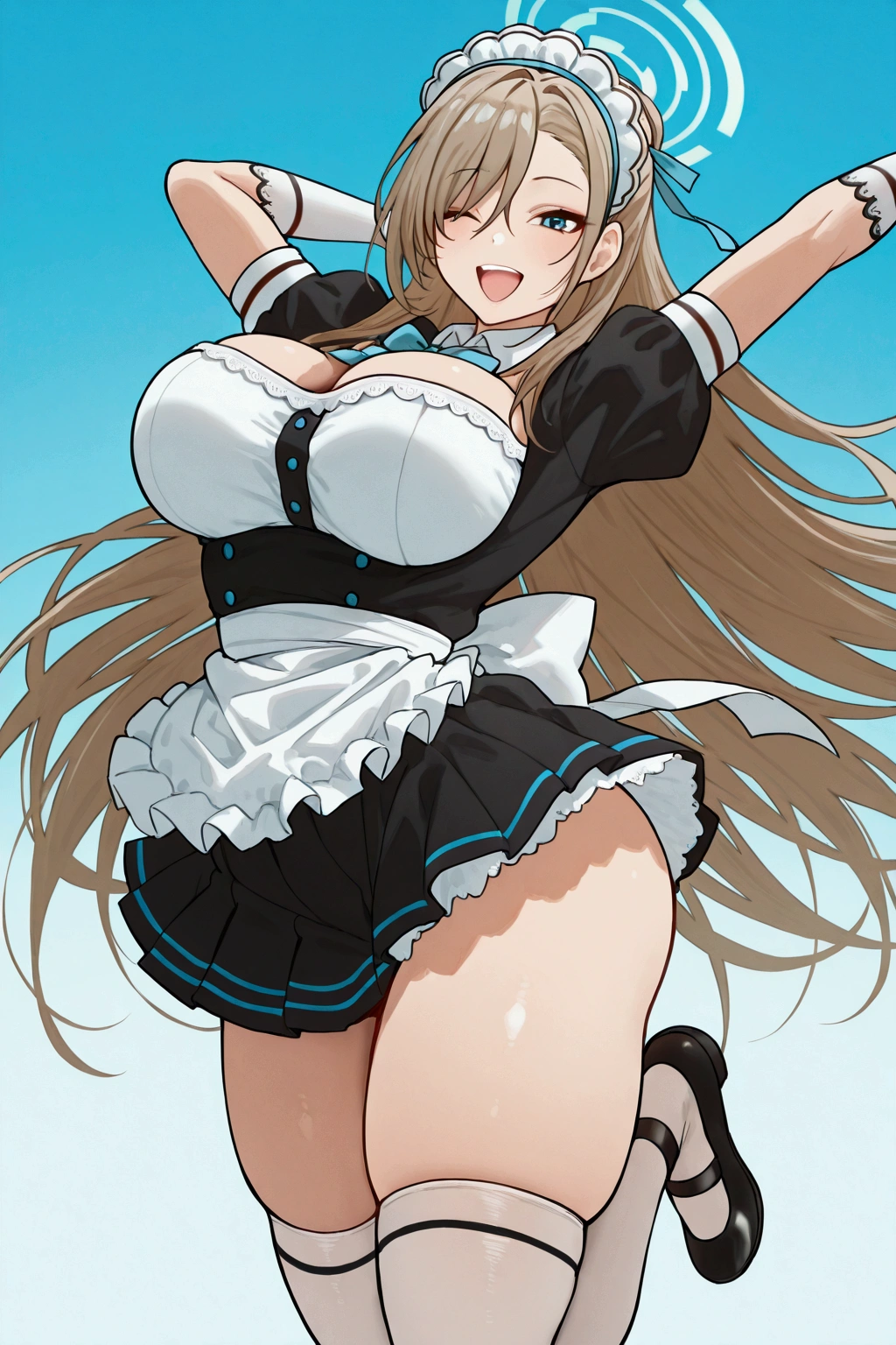 alone, girl, asuna ichinose, asunas maid outfit, asunas halo, big  smile, bangs that cover her eye, big breasts,arms Open, jumping,skirt raised, laughter, perfect ass, white thigh-high stockings, perfect thighs, jumping, bounce breast, happy,perfect scene , Masterpiece, score 9, anime colors, AMERICAN SHOT, beautiful, composition, HARMONY, high quality ,beautiful