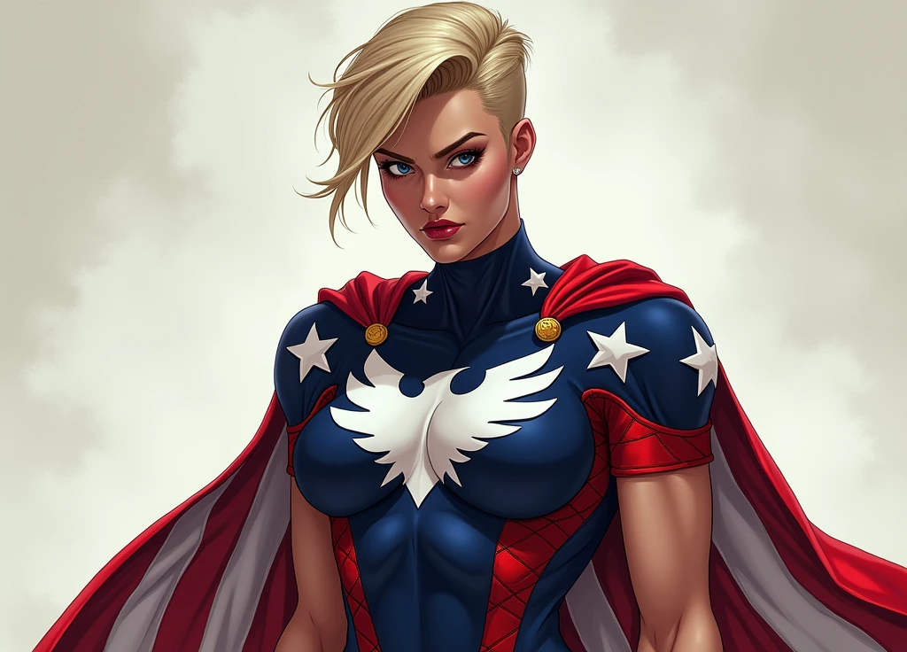 Blonde girl with blue eyes, With a serious expression, serious look, wearing a tight blue outfit tight to the body, defined chest, wearing a golden shoulder pad, wearing the United States flag as a cape