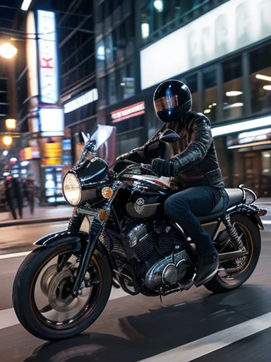 A classic motorcycle is seen driving through the city. The rider is wearing a leather jacket and jeans, captured as he rounds a corner. Motion blur is applied, revealing speed lines. The scene is shot from a frontal perspective, emphasizing the motorcycle's power and sense of speed. In the background, city buildings and traffic can be seen, creating a bustling city atmosphere. Light reflects off the metal parts of the motorcycle, creating a visually striking scene. High-resolution digital art with crisp detail, ((masterpiece)), ((best quality)), (ultra-detailed), ((beautiful eyes)), Japanese female, (slender:1.2), ((30 years old)), beautiful,