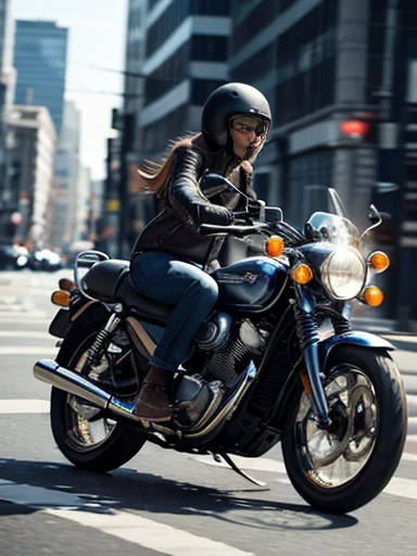 A classic motorcycle is seen driving through the city. The rider is wearing a leather jacket and jeans, captured as he rounds a corner. Motion blur is applied, revealing speed lines. The scene is shot from a frontal perspective, emphasizing the motorcycle's power and sense of speed. In the background, city buildings and traffic can be seen, creating a bustling city atmosphere. Light reflects off the metal parts of the motorcycle, creating a visually striking scene. High-resolution digital art with crisp detail, ((masterpiece)), ((best quality)), (ultra-detailed), ((beautiful eyes)), Japanese female, (slender:1.2), ((30 years old)), beautiful,