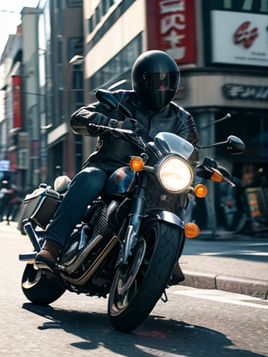 A classic motorcycle is seen driving through the city. The rider is wearing a leather jacket and jeans, captured as he rounds a corner. Motion blur is applied, revealing speed lines. The scene is shot from a frontal perspective, emphasizing the motorcycle's power and sense of speed. In the background, city buildings and traffic can be seen, creating a bustling city atmosphere. Light reflects off the metal parts of the motorcycle, creating a visually striking scene. High-resolution digital art with crisp detail, ((masterpiece)), ((best quality)), (ultra-detailed), ((beautiful eyes)), Japanese female, (slender:1.2), ((30 years old)), beautiful,