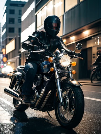 A classic motorcycle is seen driving through the city. The rider is wearing a leather jacket and jeans, captured as he rounds a corner. Motion blur is applied, revealing speed lines. The scene is shot from a frontal perspective, emphasizing the motorcycle's power and sense of speed. In the background, city buildings and traffic can be seen, creating a bustling city atmosphere. Light reflects off the metal parts of the motorcycle, creating a visually striking scene. High-resolution digital art with crisp detail, ((masterpiece)), ((best quality)), (ultra-detailed), ((beautiful eyes)), Japanese female, (slender:1.2), ((30 years old)), beautiful,