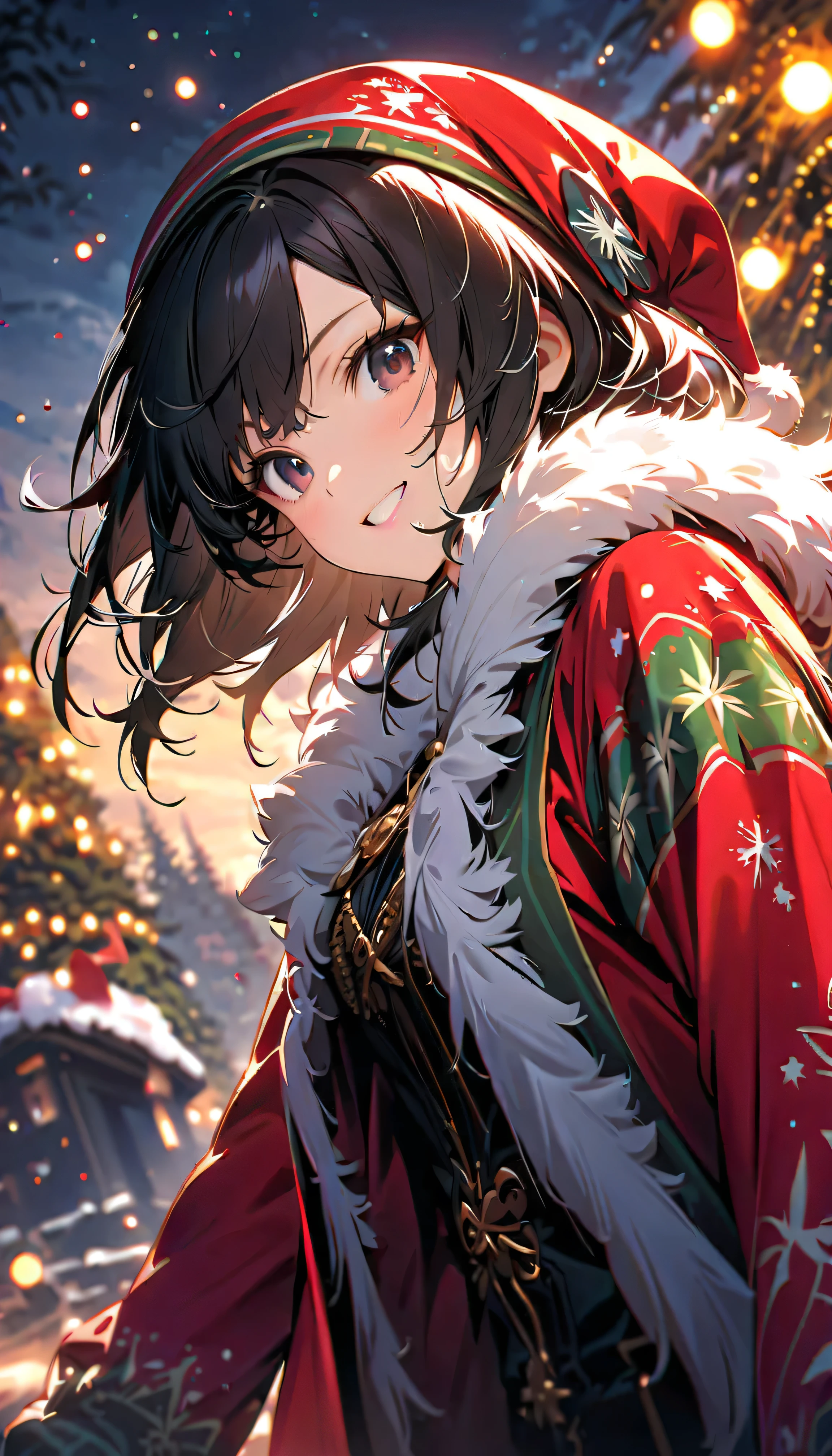 ( top quality:1.2,  very detailed bust, Latest,  vibrant,  Masterpiece :1.2,  top quality,  best aesthetics) , Face Up Shot, ((( very detailed bust目と顔))),  Official Art ,  8k Ultra HD,  very detailed bust,  pop art , Delicate and dynamic,  Blurred Background, Beautiful sparkle, Shining World,  night view,  christmas tree,  Christmas Lights,  Illumination Fantasy,  backlight,  one woman, 2.5D, smile,  black eyes,  black hair, Fluffy Winter Clothes , Get excited,  Dynamic Pose ,  dynamic angle, Realistic