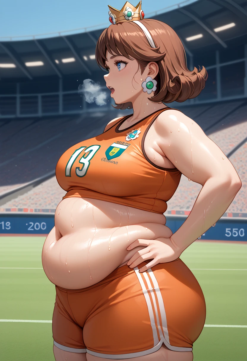 Daisy,brown hair,blue eyes,long hair,flower earrings,small crown, number 8 soccer uniform, orange tanktop, orange shorts, midriff, number 8, standing, sweaty, exhausted, hand on hips, soccer field, science fiction, outdoors, (insanely detailed, masterpiece, best quality), sweating profusely, exhausted, breathing, open mouth, steam coming out of her mouth, tight red gym shorts, tight red gym tank top, hands on hips, dripping sweat, dripplits of sweat on the floor, puddle of sweat, thick, obese, soft belly, chubby, wide hips, sexy hips, half body, big belly, thicc thighs, side view,  out of breath, short hair, neck length hair