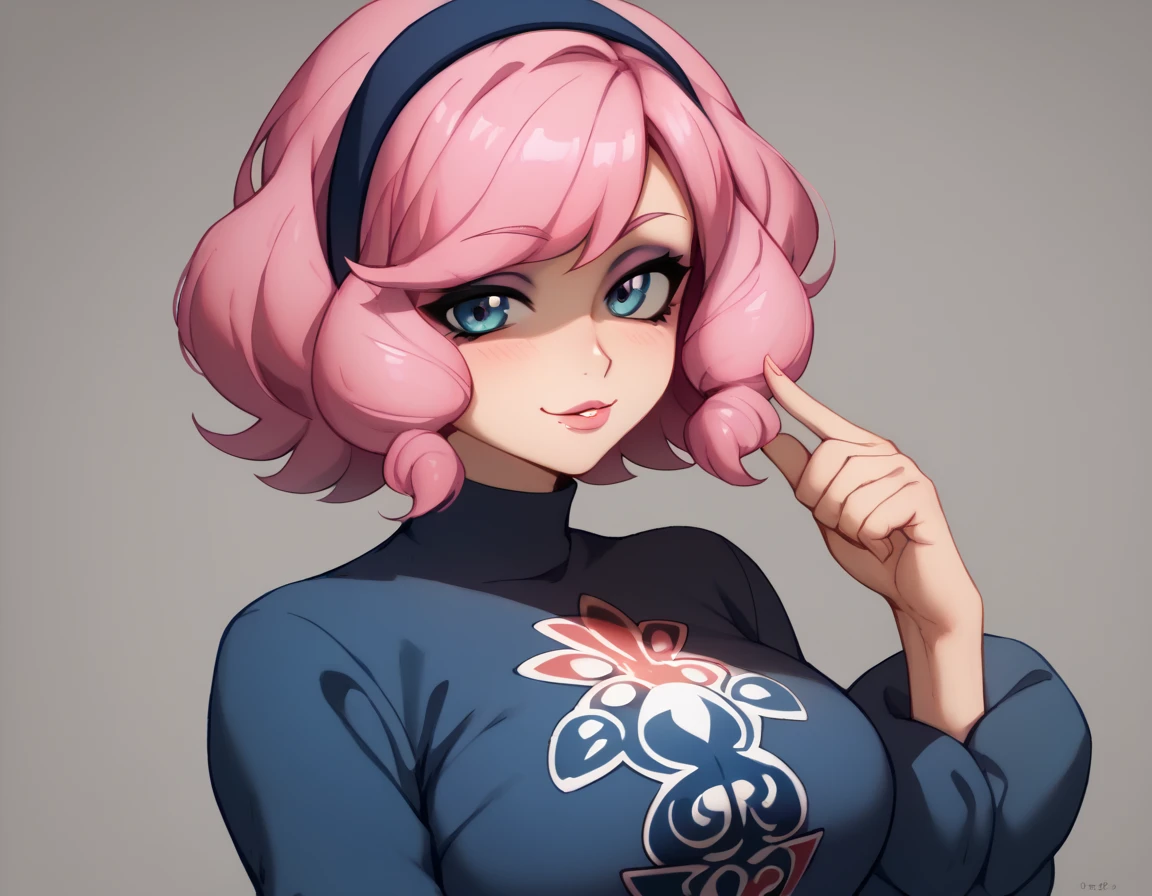  top quality , masterpiece,  high res,  One girl ,,( seductive smile:0.8),clear_pokemon、short_hair、pink_hair、drill_hair、 headband、mole_under_mouth、 eyeshadow、pink_lips、flipped_hair、Big Breasts, 